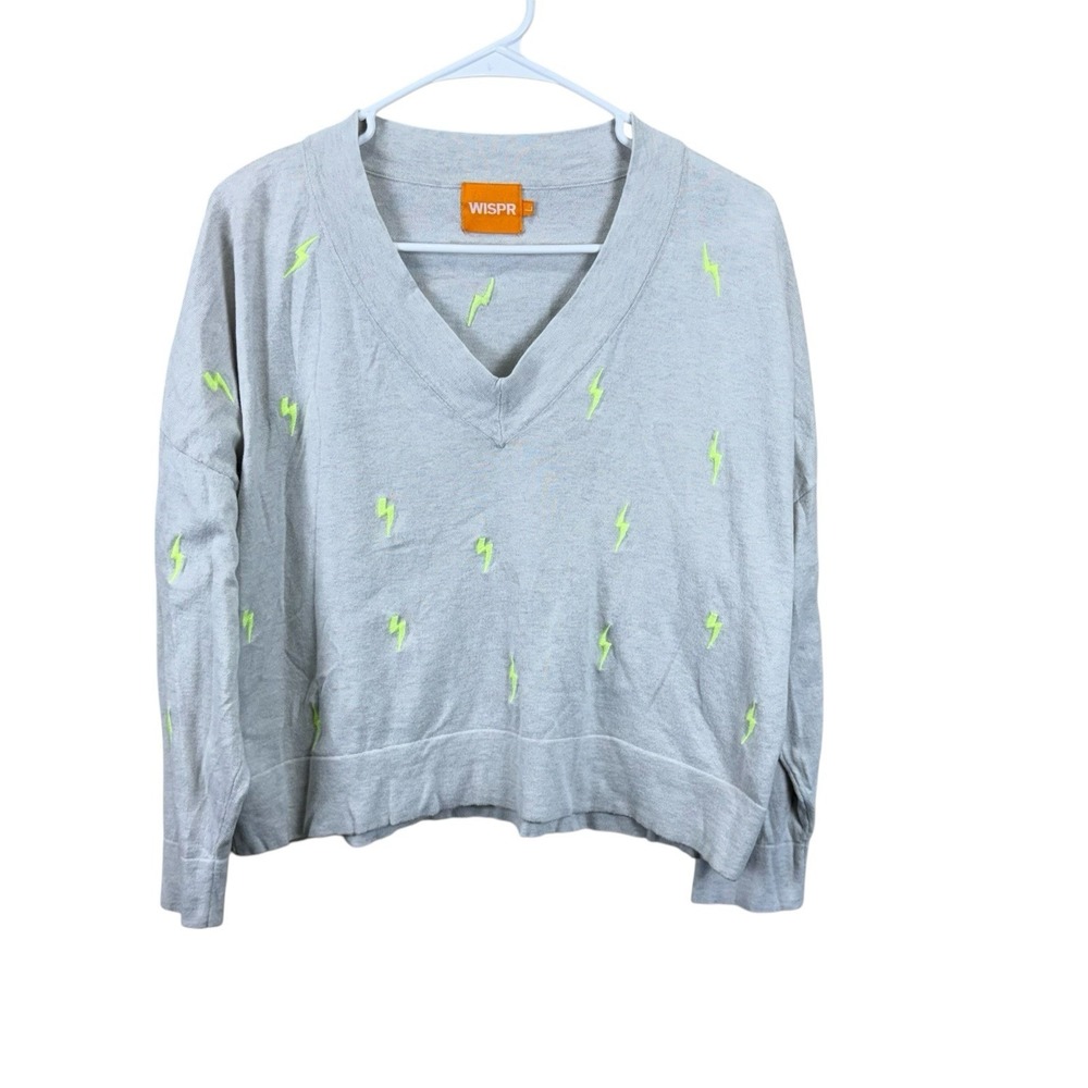 WISPR Lightning Bolt V-Neck Sweater Tan‎ Embroidered Knit Size Large
